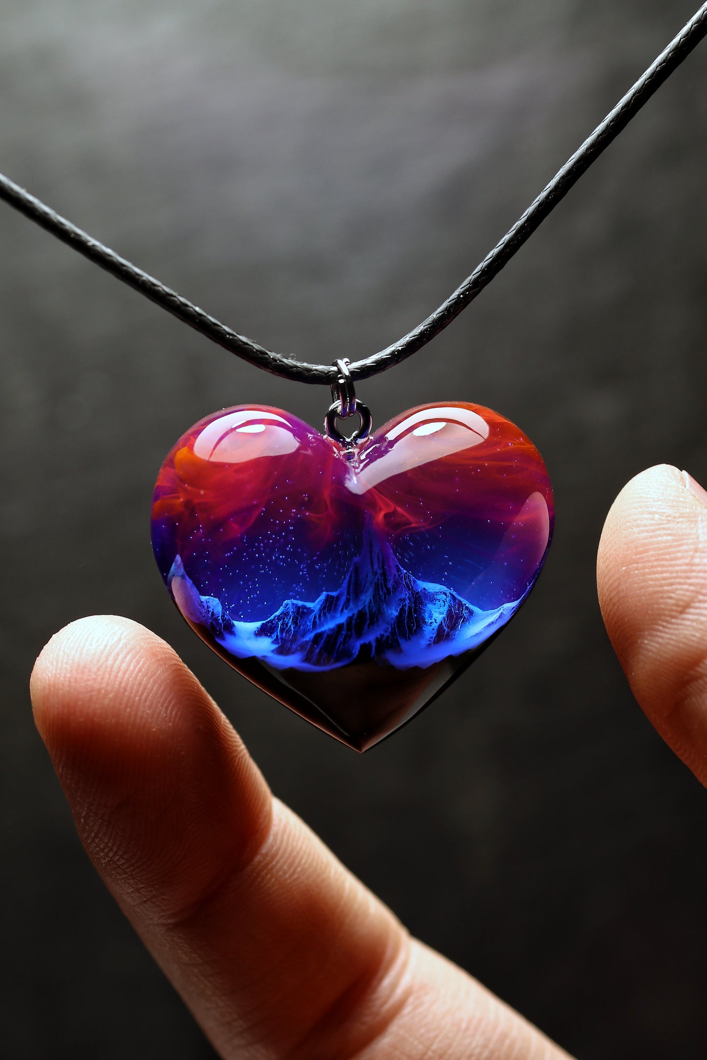 Epoxy resin and wood Mountain Heart Nightfall pendant