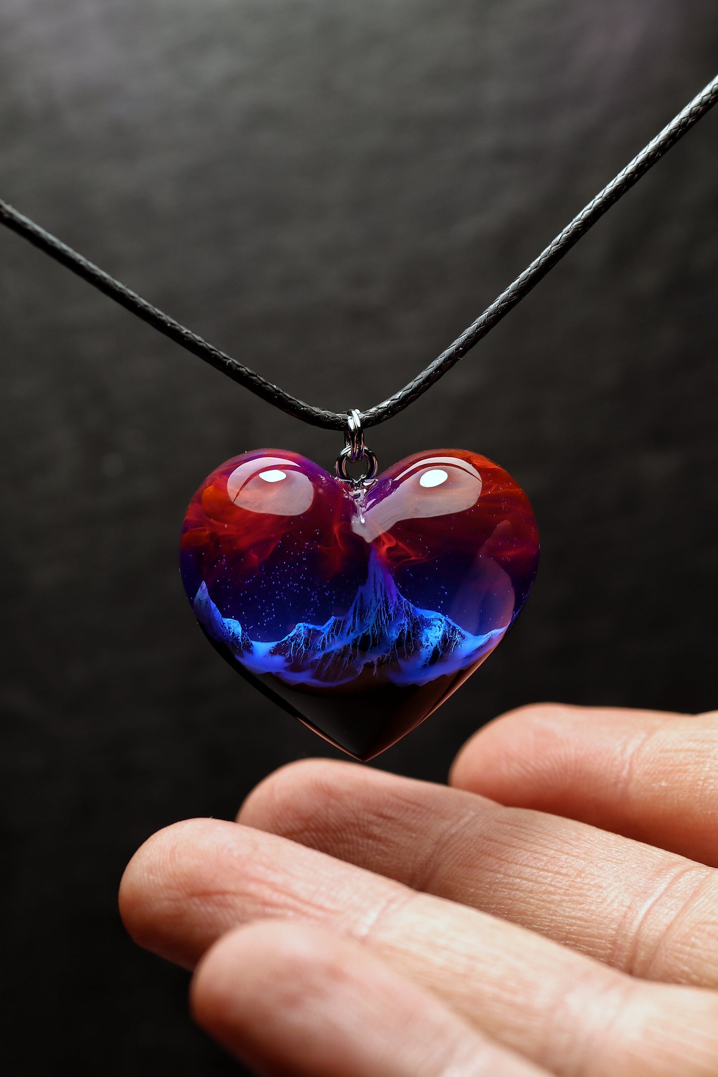 Epoxy resin and wood Mountain Heart Nightfall pendant