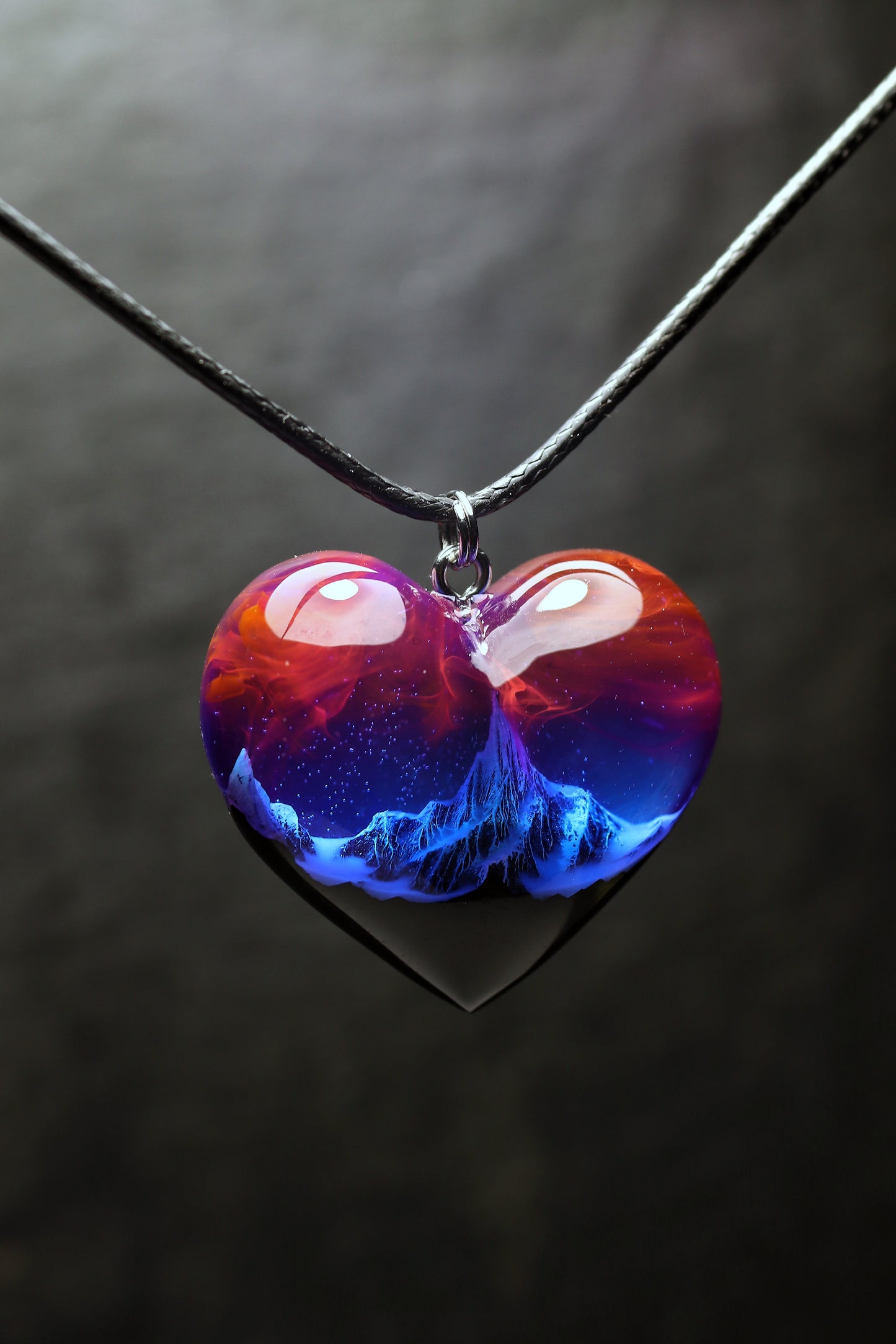 Epoxy resin and wood Mountain Heart Nightfall pendant