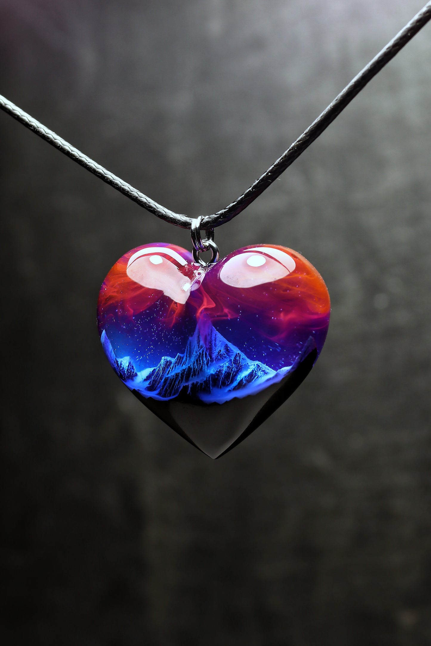 Epoxy resin and wood Mountain Heart Nightfall pendant