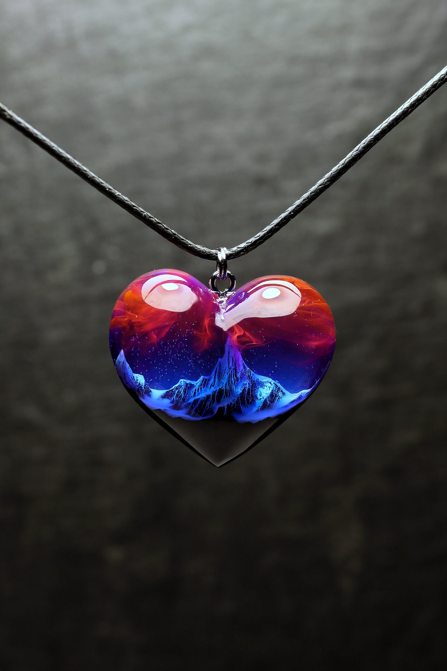 Epoxy resin and wood Mountain Heart Nightfall pendant