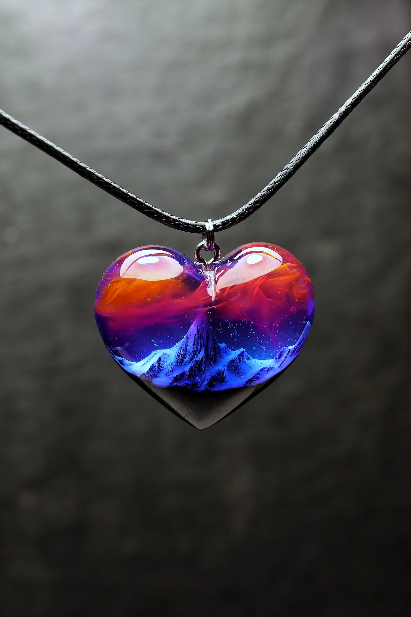 Epoxy resin and wood Mountain Heart Nightfall pendant