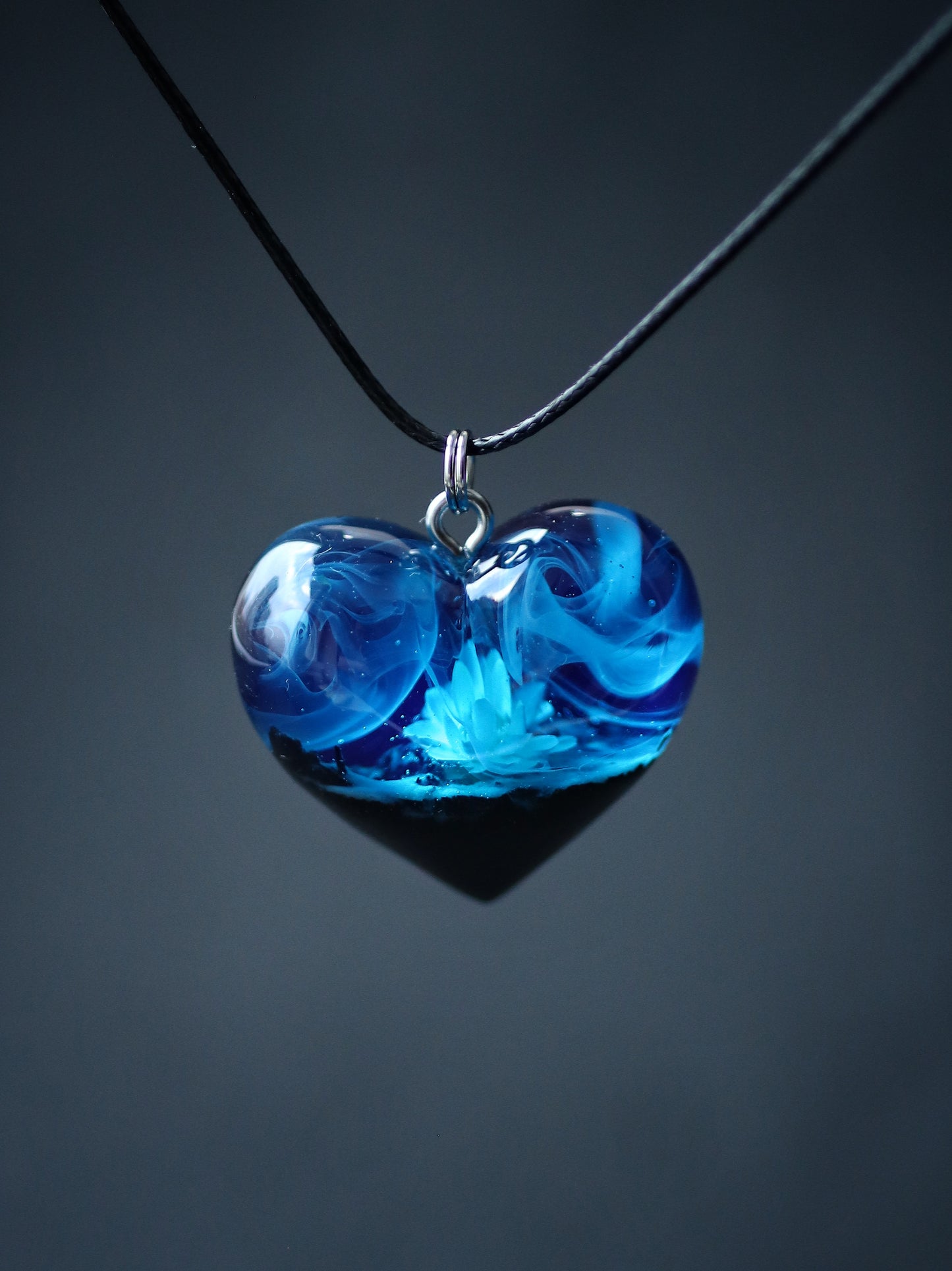 Epoxy resin and wood Blue Flower Heart pendant