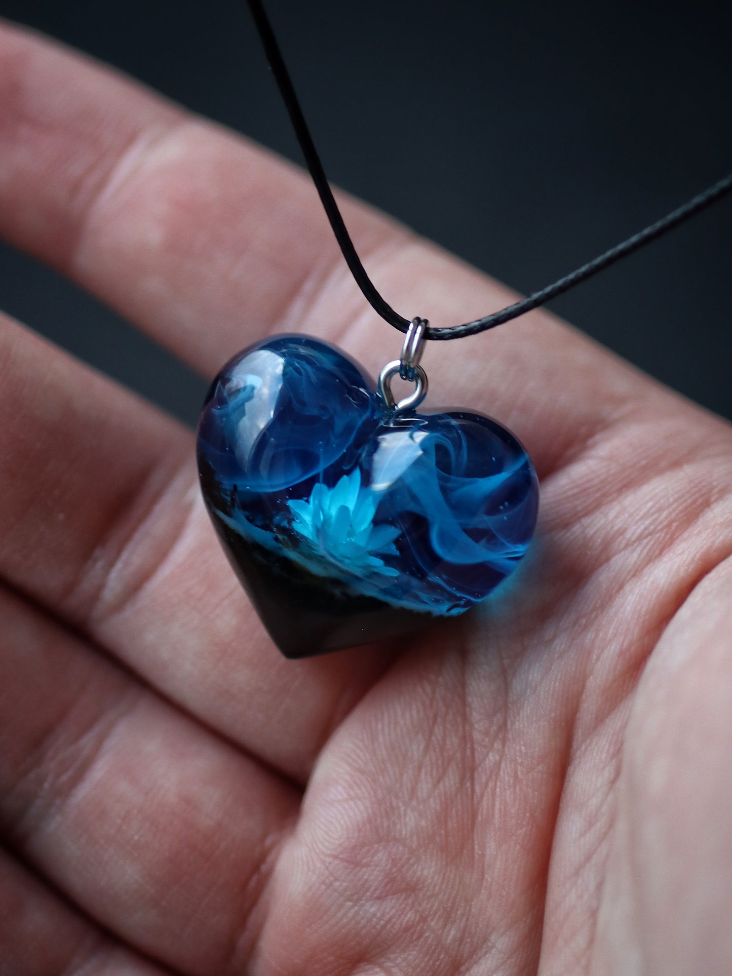 Epoxy resin and wood Blue Flower Heart pendant