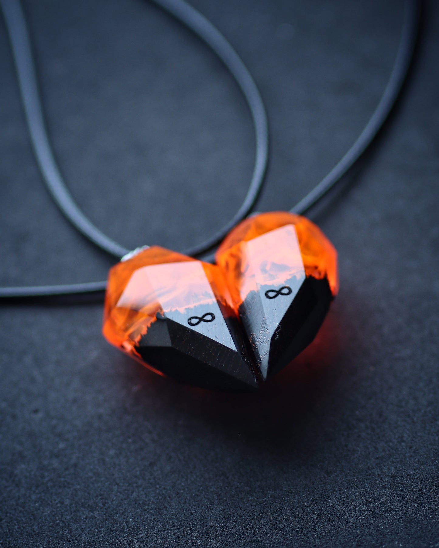 Epoxy resin and wood Couple heart Fire Faceted pendant