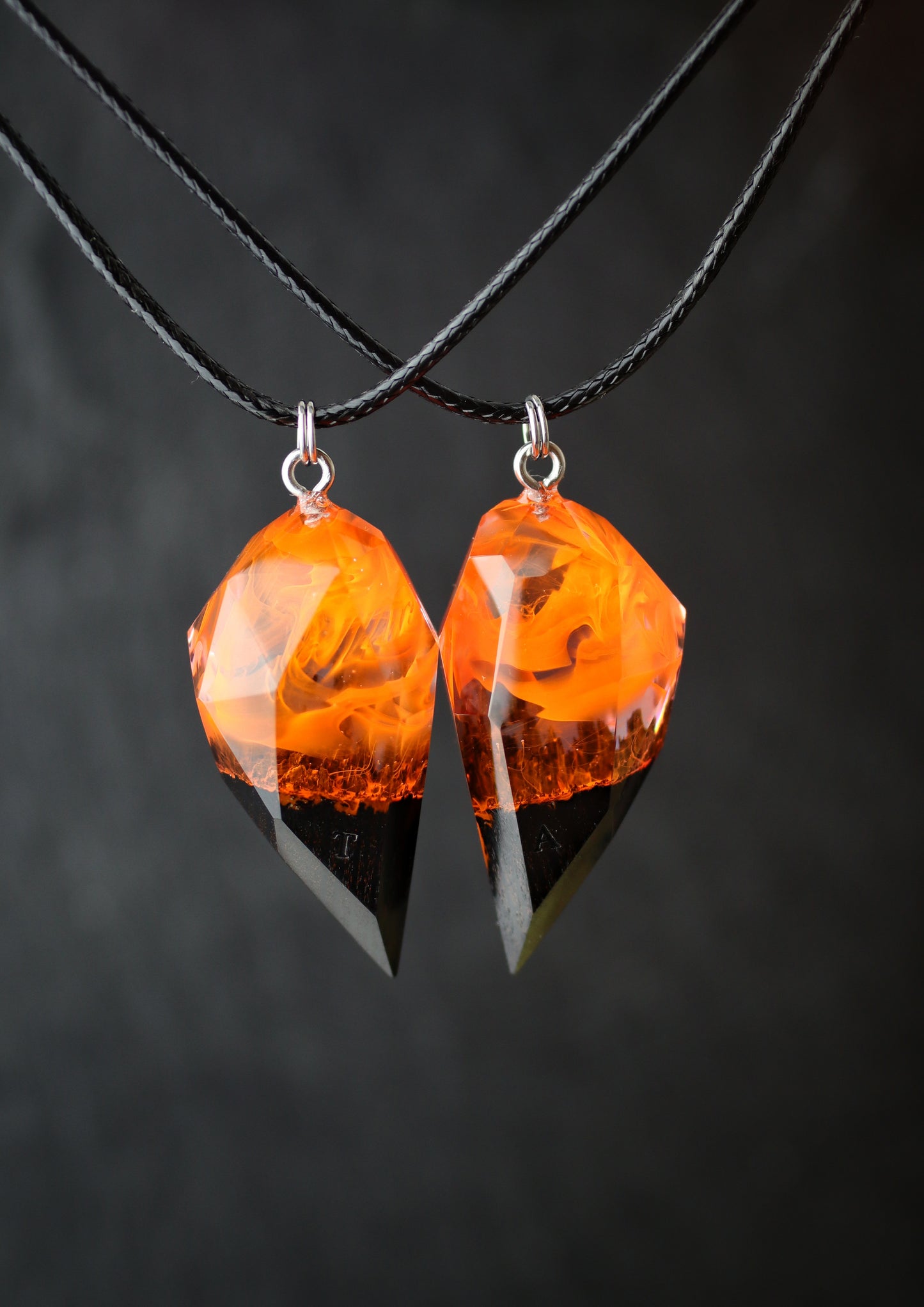 Epoxy resin and wood Couple heart Fire Faceted pendant