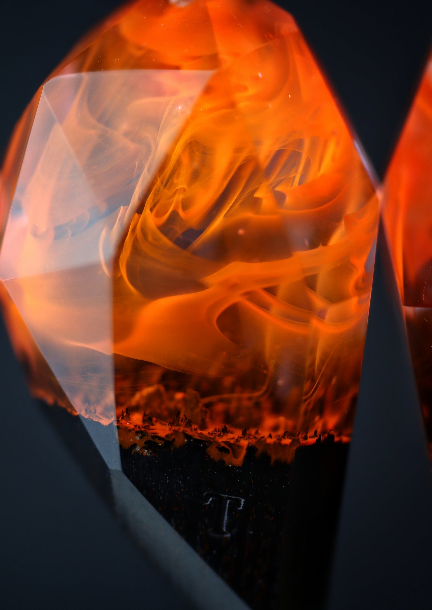 Epoxy resin and wood Couple heart Fire Faceted pendant