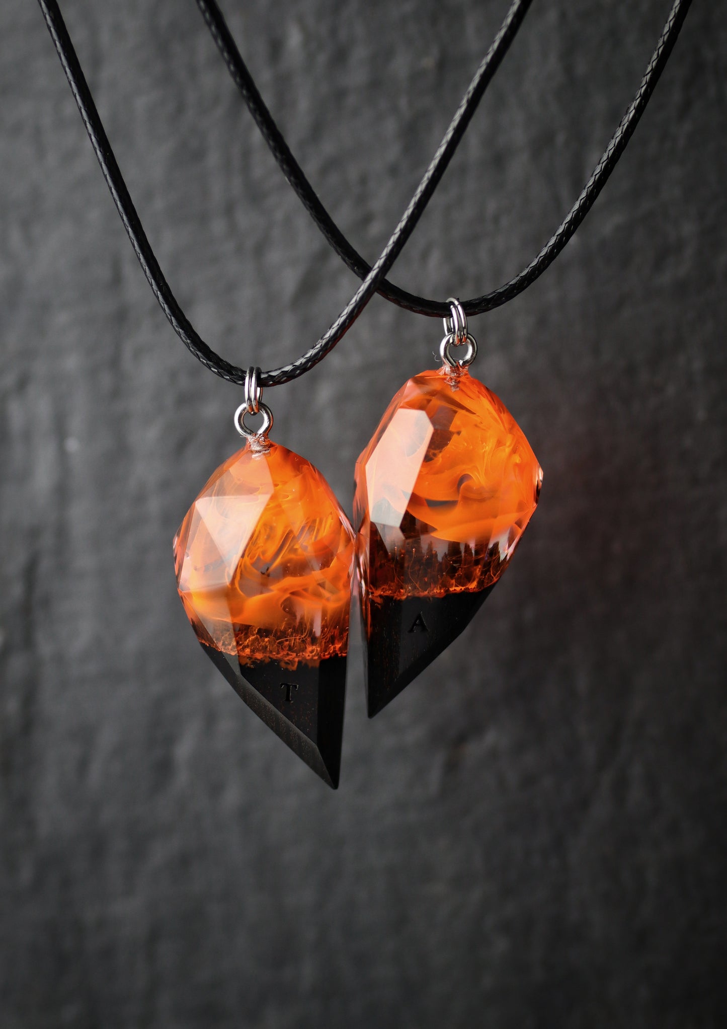 Epoxy resin and wood Couple heart Fire Faceted pendant