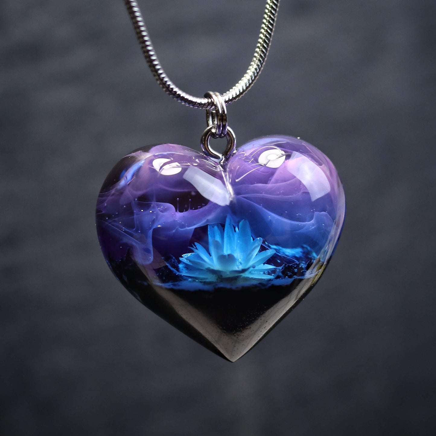 Wood resin heart necklace with glowing white lotus flower inside, purple and blue handmade pendant, romantic gift for her