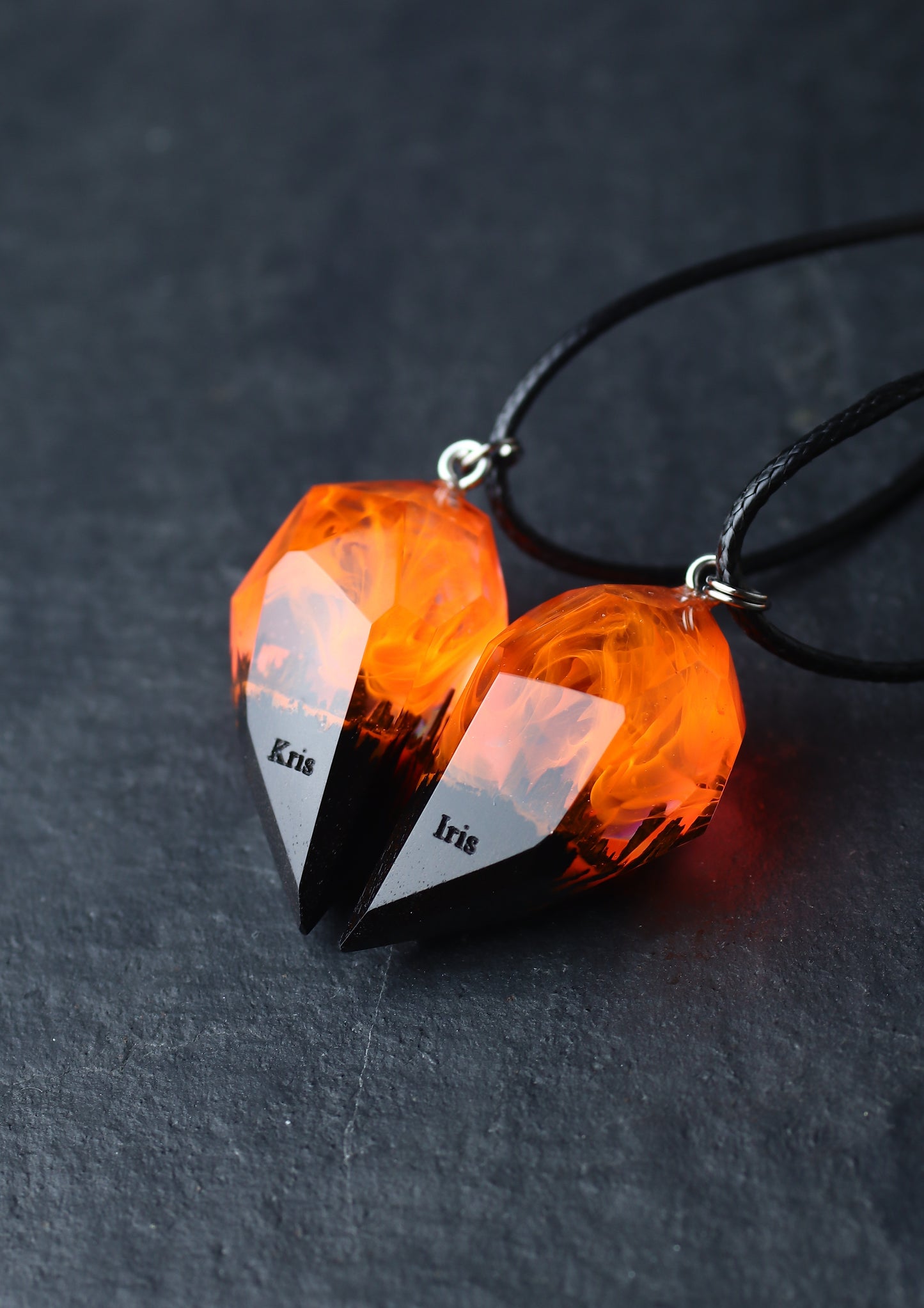 Epoxy resin and wood Couple heart Fire Faceted pendant