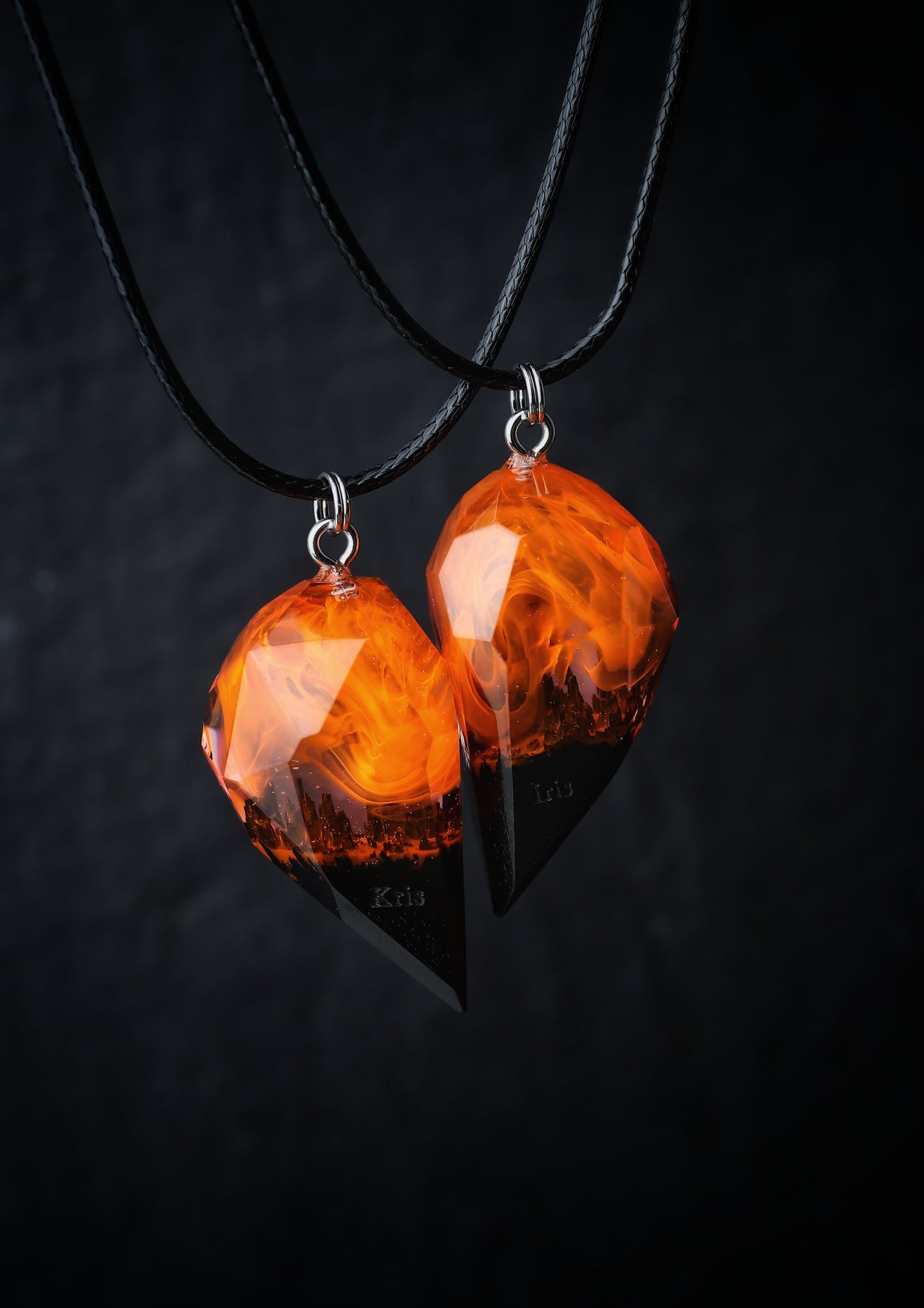 Epoxy resin and wood Couple heart Fire Faceted pendant