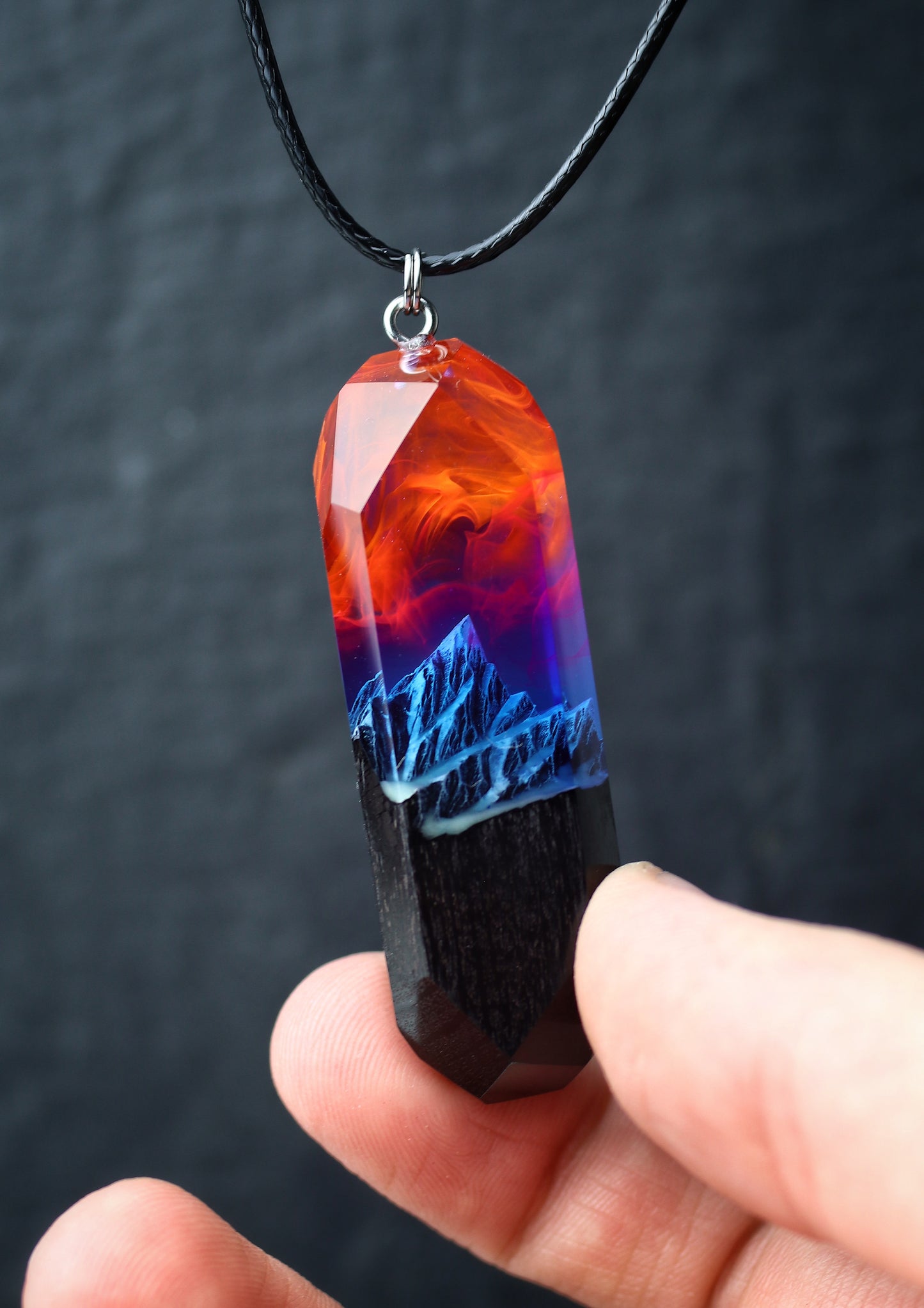 Epoxy resin and wood Nightfall Mountain Long pendant