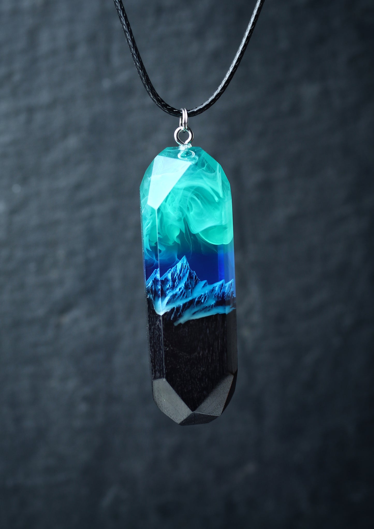 Epoxy resin and wood Northern lights Mountain Long pendant