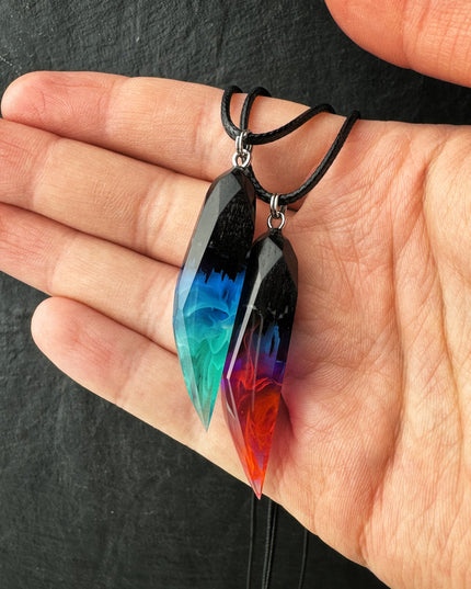 Epoxy resin and wood Couple Nightfall & Northern lights faceted pendant