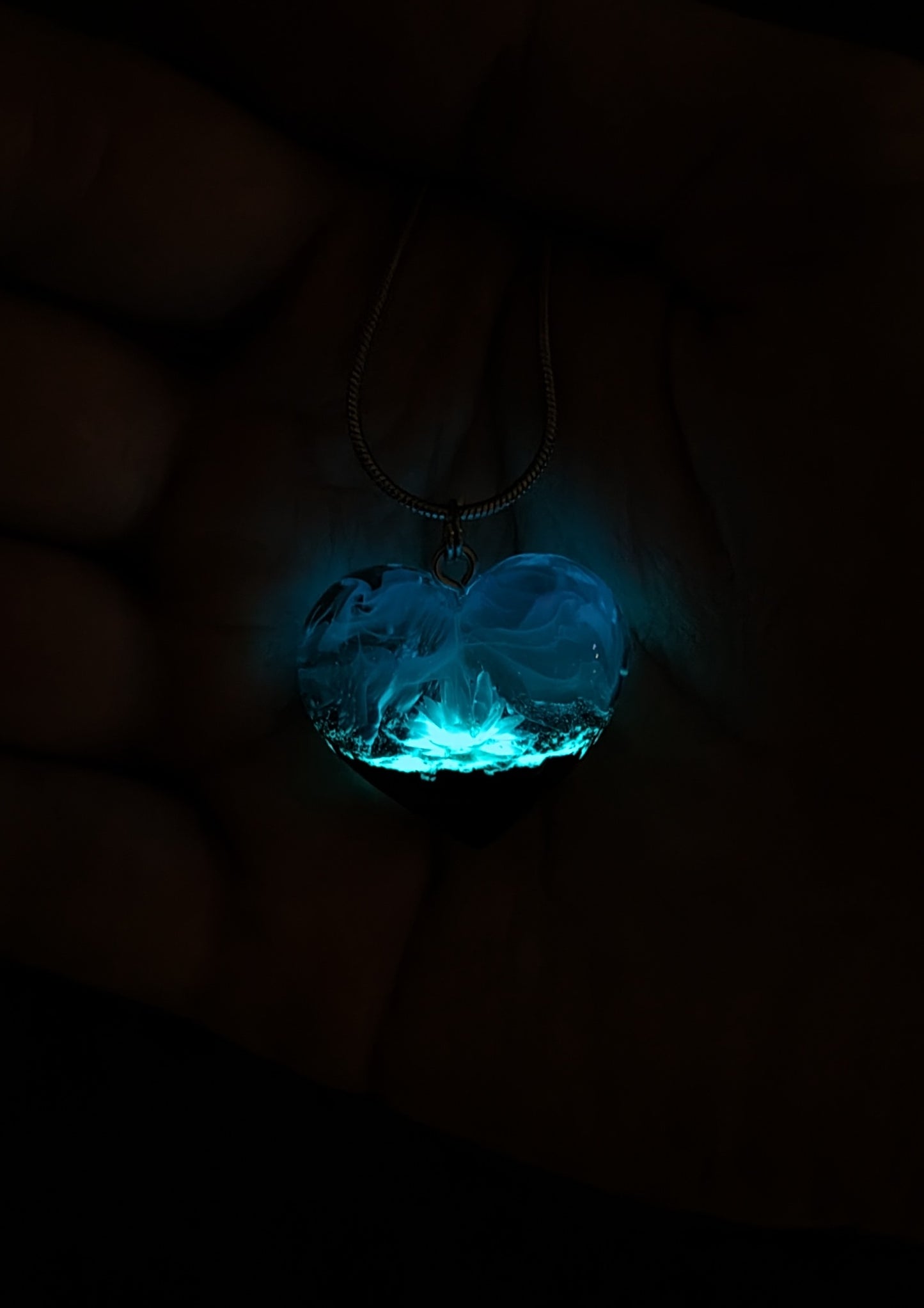 Epoxy resin and wood Blue Flower Heart pendant