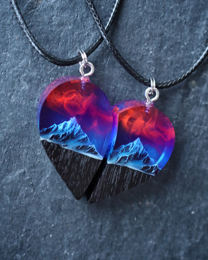 Epoxy resin and wood Couple heart Nightfall Mountain pendant