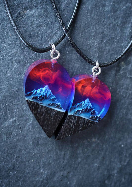 Epoxy resin and wood Couple heart Nightfall Mountain pendant