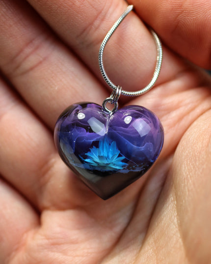 Epoxy resin and wood Nightfall Flower Heart pendant