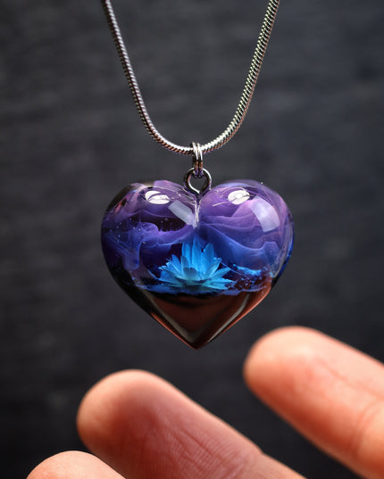 Epoxy resin and wood Nightfall Flower Heart pendant