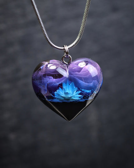 Epoxy resin and wood Nightfall Flower Heart pendant