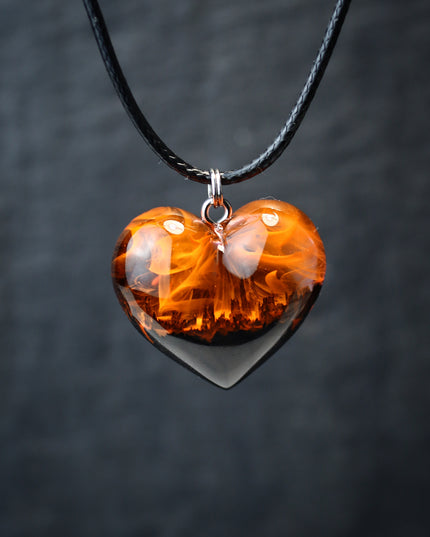 Epoxy resin and wood Fire Heart pendant