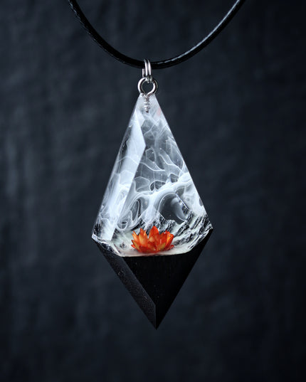 Epoxy resin and wood Mountain Panorama Red flower pendant
