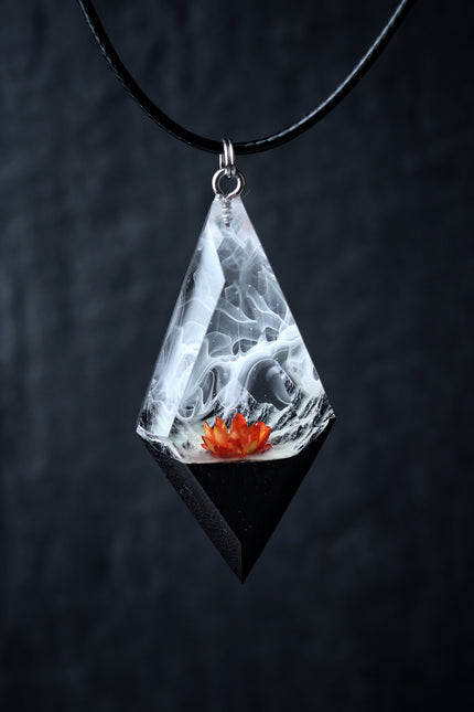 Epoxy resin and wood Mountain Panorama Red flower pendant