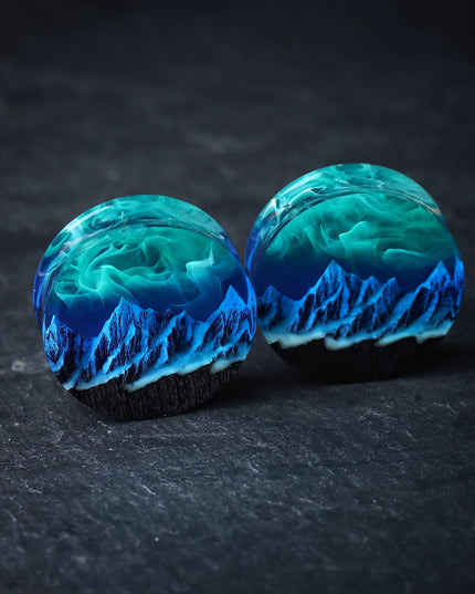 Epoxy resin and wood earring plug Mountain Northern lights