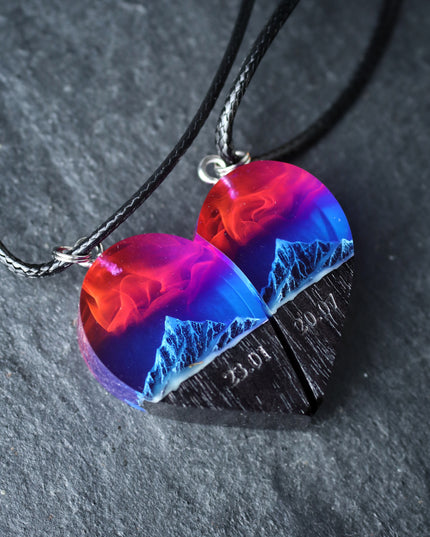Epoxy resin and wood Couple heart Nightfall Mountain pendant