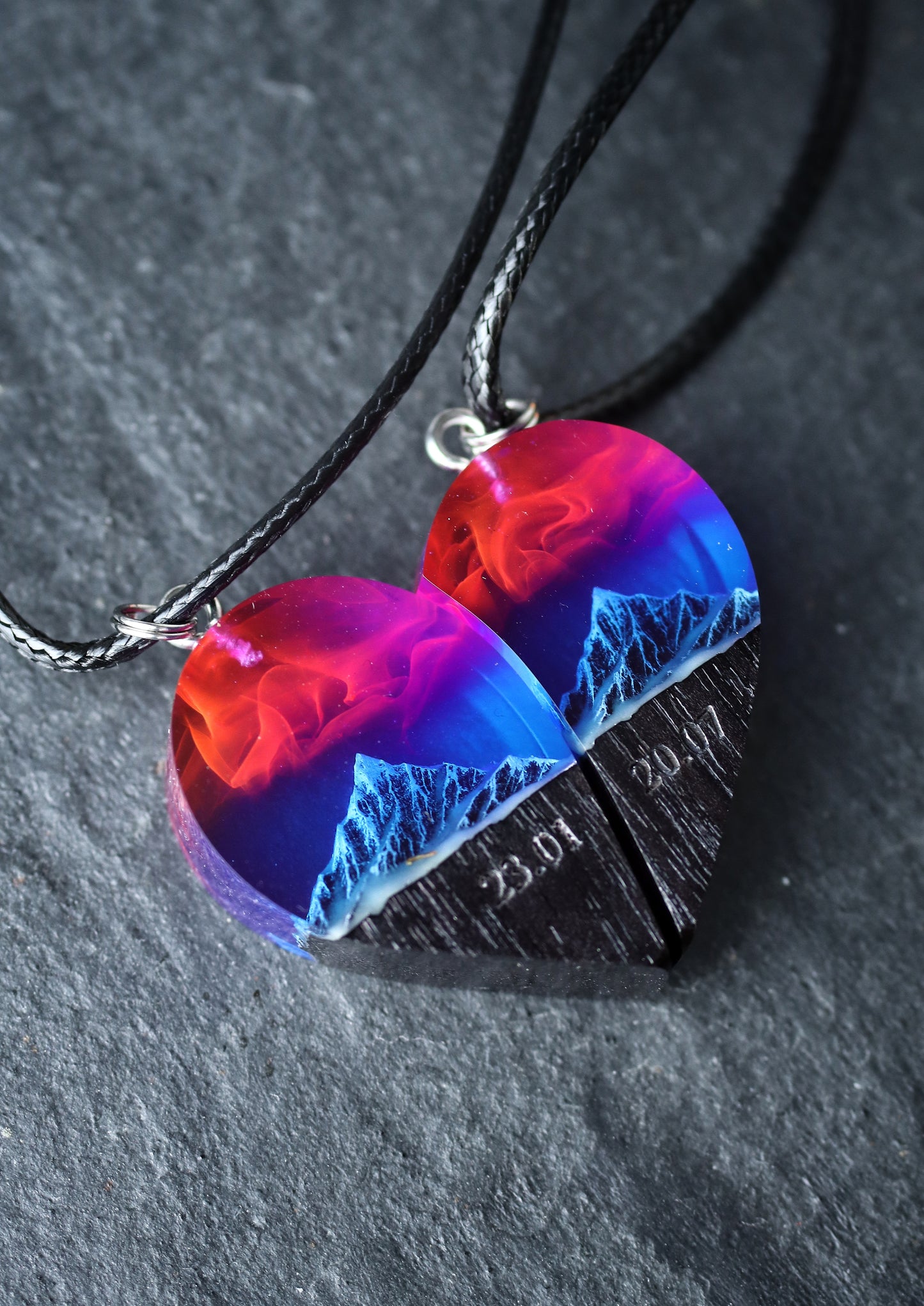 Epoxy resin and wood Couple heart Nightfall Mountain pendant