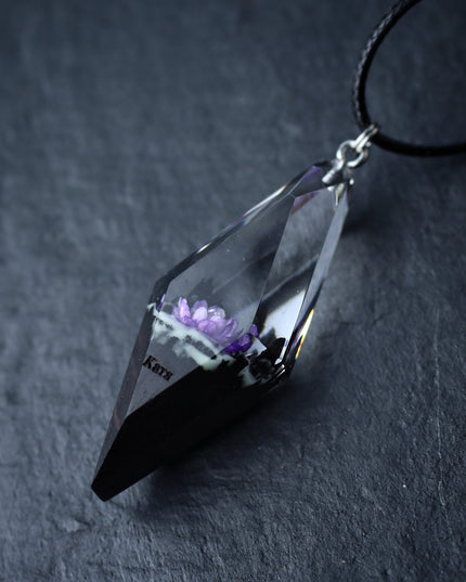 Epoxy resin and wood Violet Flower Rhombus pendant
