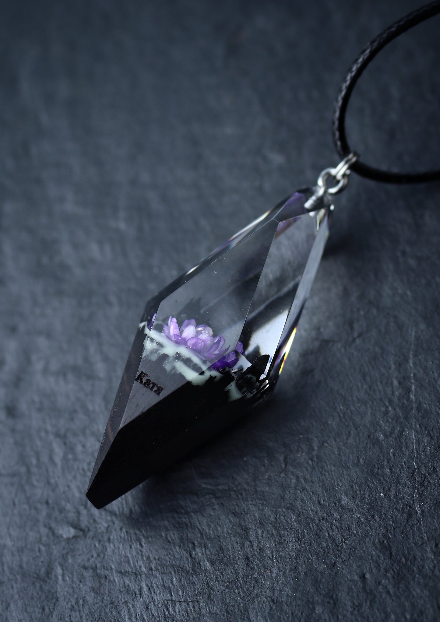 Epoxy resin and wood Violet Flower Rhombus pendant