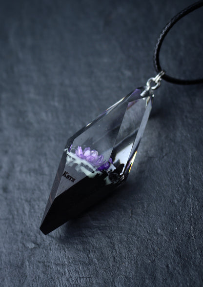 Epoxy resin and wood Violet Flower Rhombus pendant