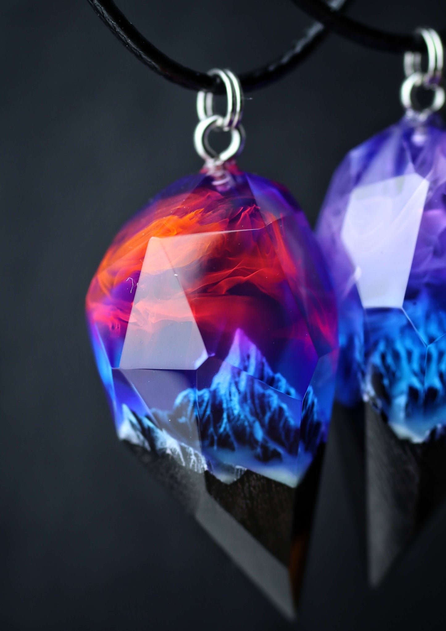 Couple crystal pendants handmade from resin and wood with mountain design