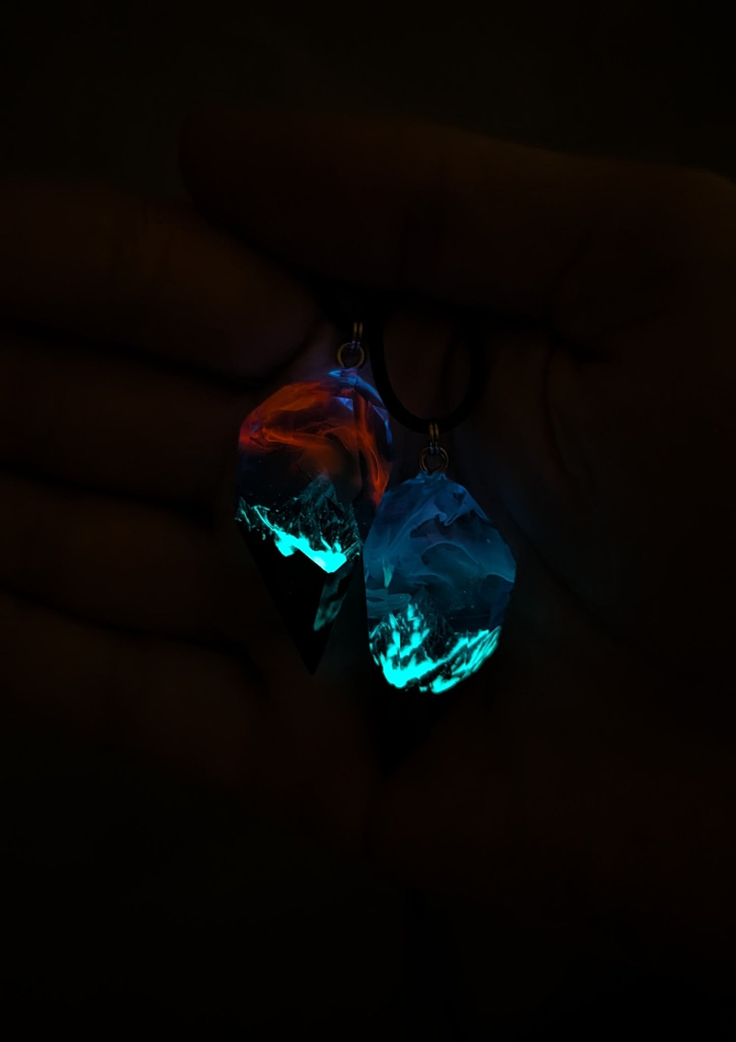 Couple crystal pendants handmade from resin and wood with mountain design