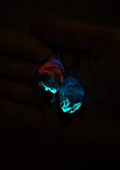 Couple crystal pendants handmade from resin and wood with mountain design