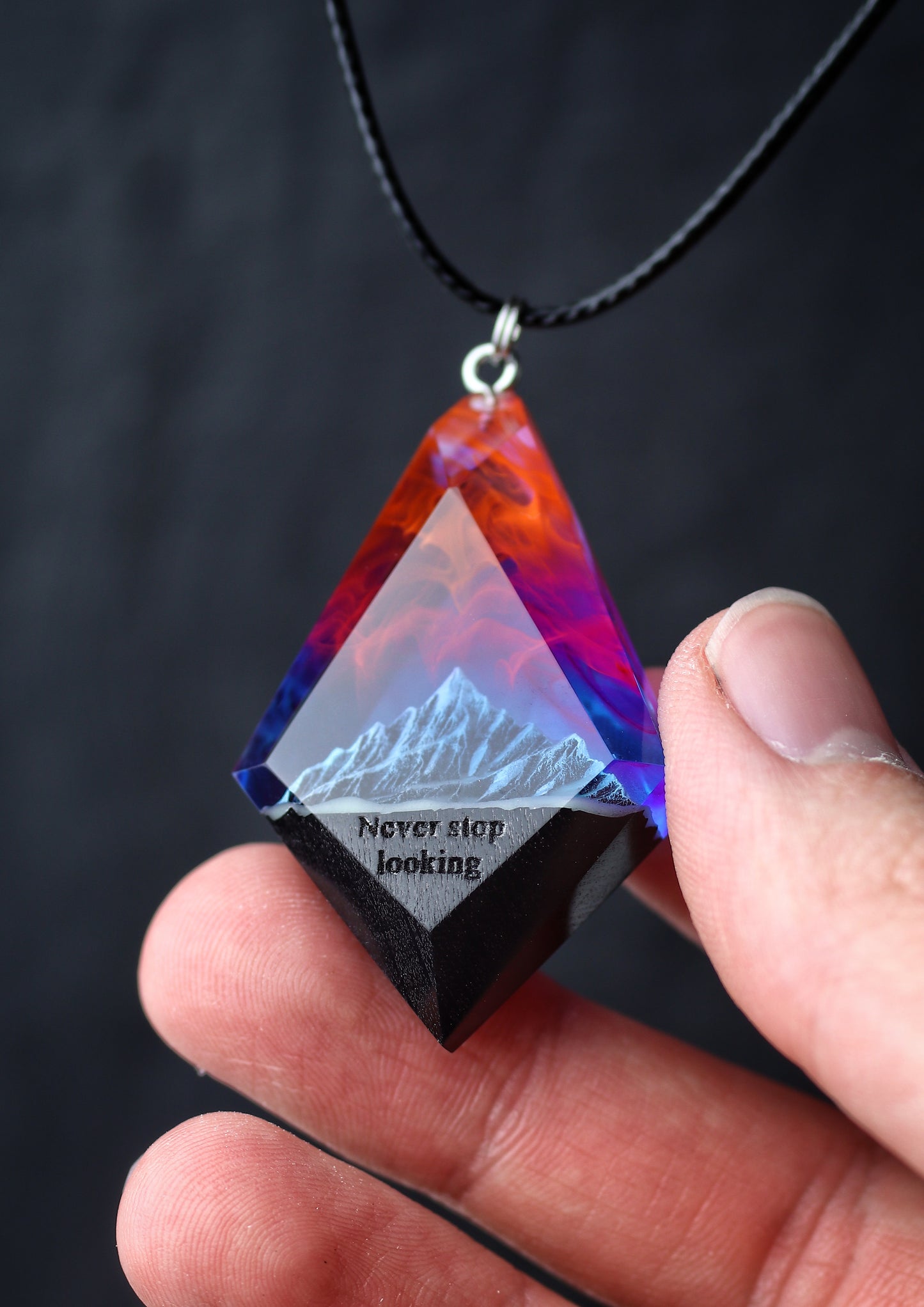 Epoxy resin and wood Mountain Nightfall pendant Rhombus