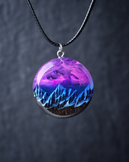 Epoxy resin and wood Nightfall Mountain Round Faceted pendant
