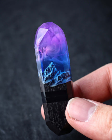 Handmade resin and wood USB stick with mountain design held in hand
