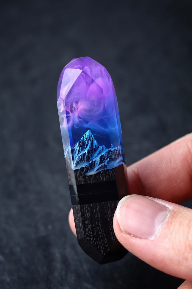 Handmade resin and wood USB stick with mountain design held in hand