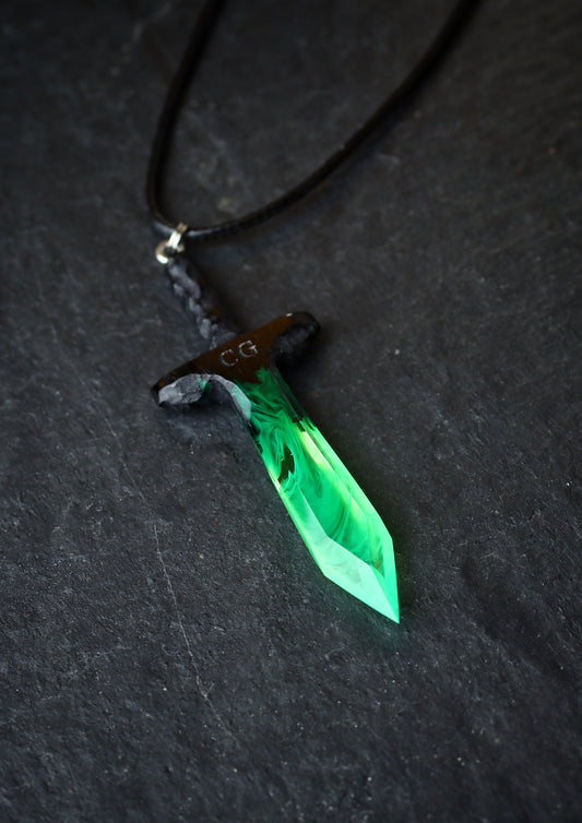 Epoxy resin and wood Green Sword pendant