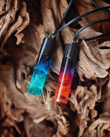 Epoxy resin and wood Northern lights & Nightfall Cylindrical Couple pendant