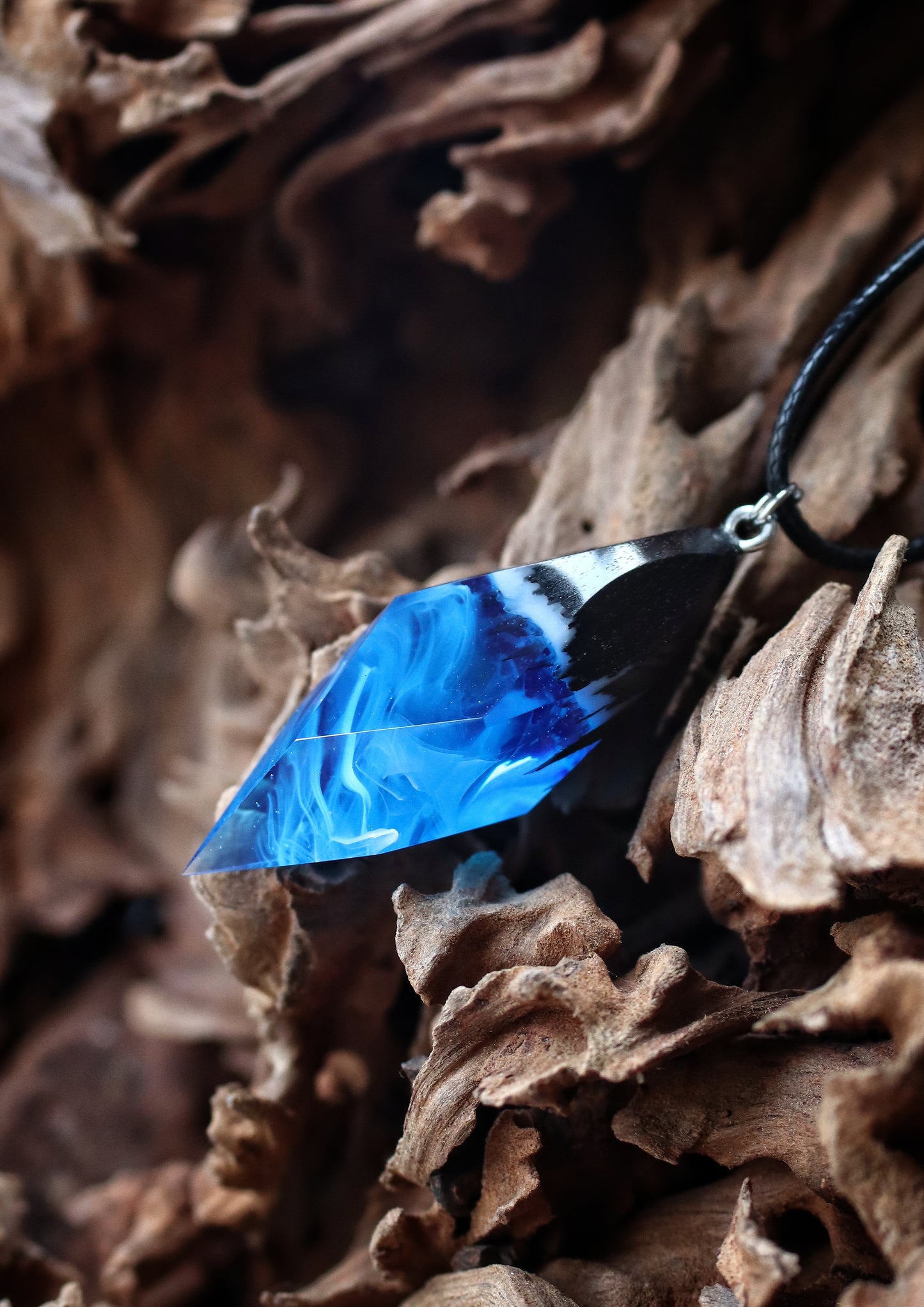 Epoxy resin and wood Blue Crystal pendant