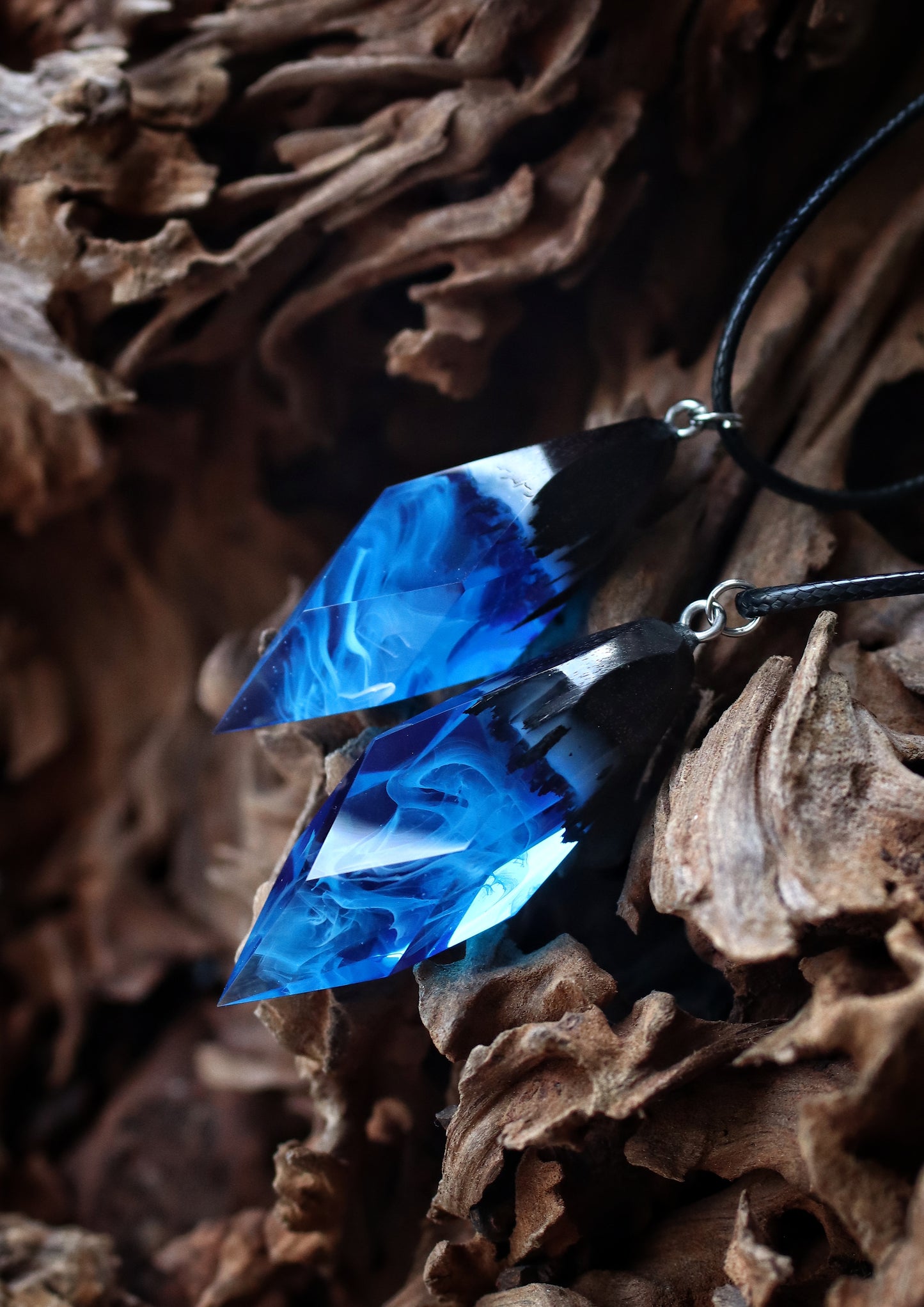 Epoxy resin and wood Blue Crystal pendant