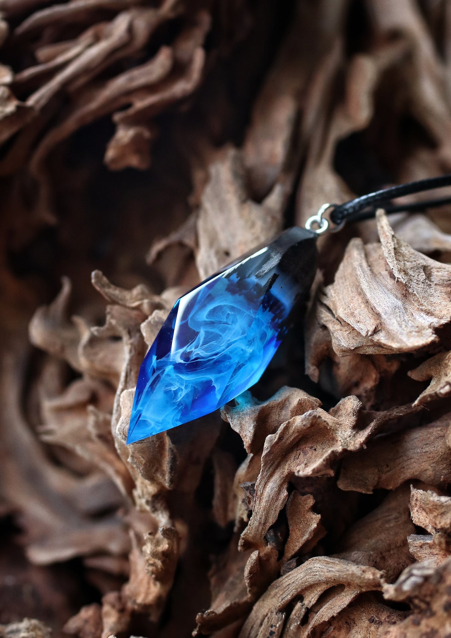 Epoxy resin and wood Blue Crystal pendant