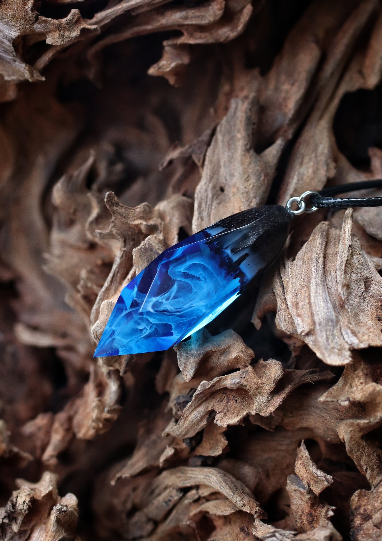 Epoxy resin and wood Blue Crystal pendant