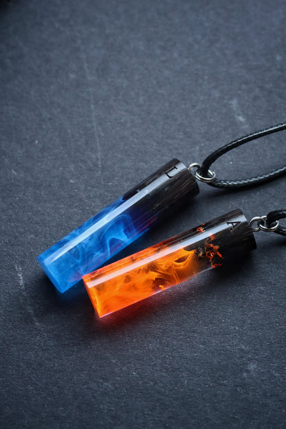 Epoxy resin and wood Ice & Fire Cylindrical Couple pendant