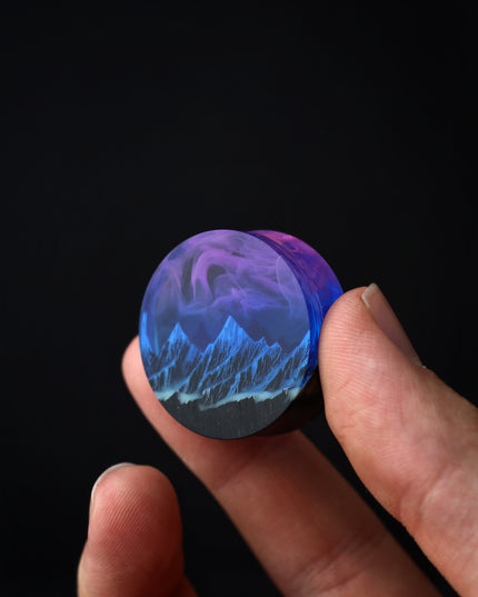 Epoxy resin and wood earring plug Mountain Nightfall