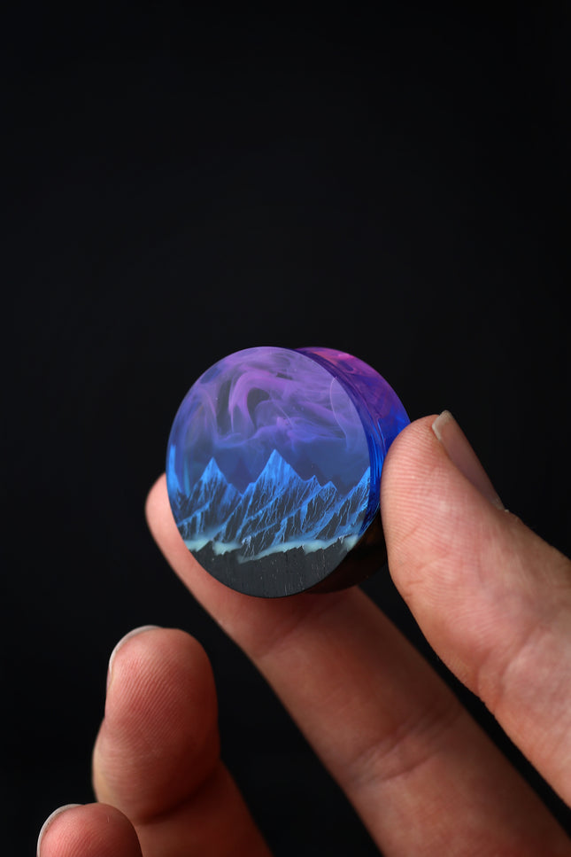 Epoxy resin and wood earring plug Mountain Nightfall