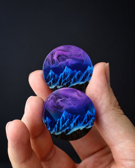 Epoxy resin and wood earring plug Mountain Nightfall